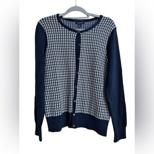 Lands End Navy Mod Geometric Supima Cotton Cardigan Sz L